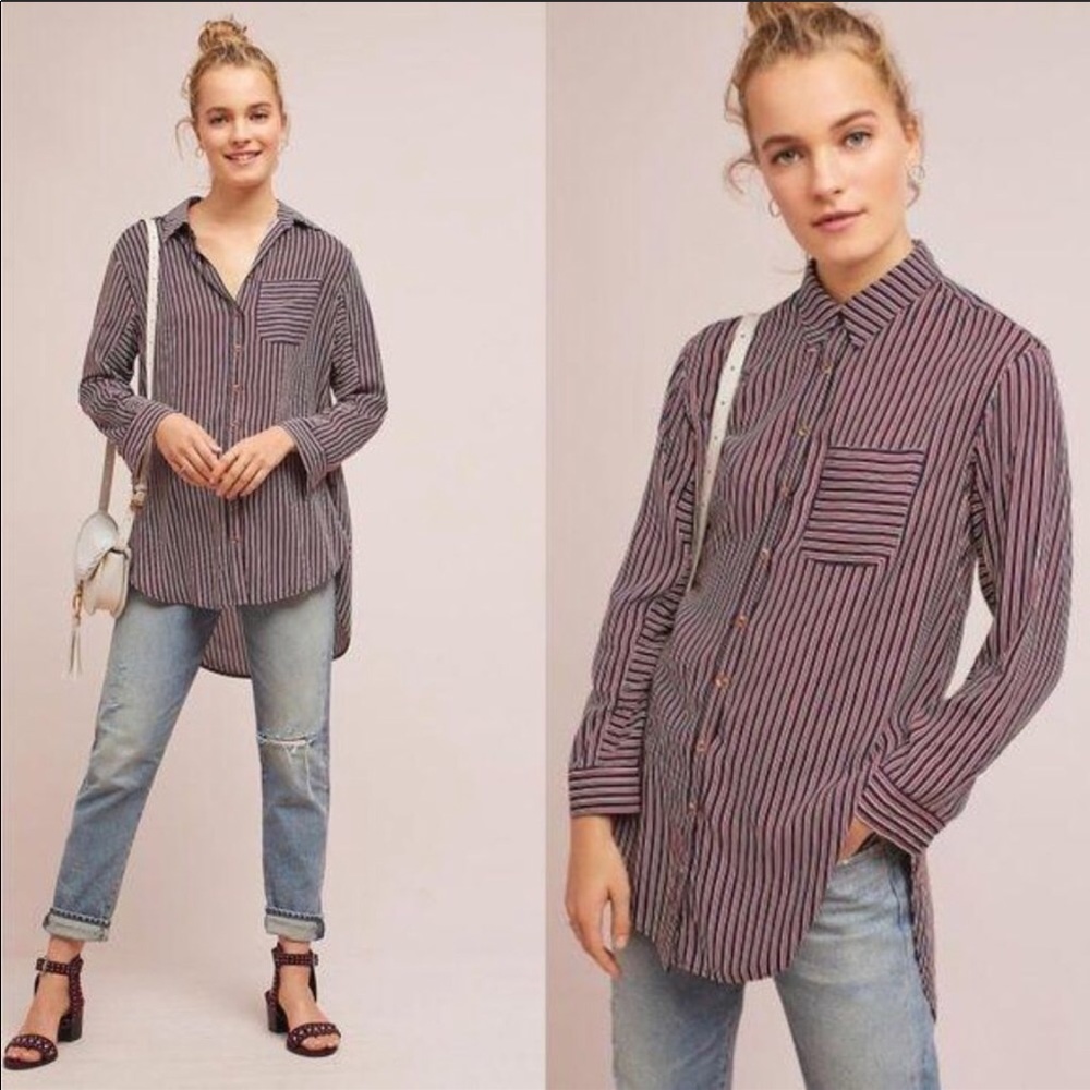 Anthropologie ☀️ Maeve Poplin Striped Button Down - Picture 1 of 11